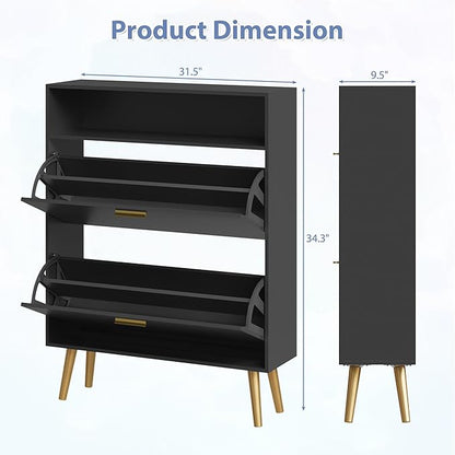 Shoe Cabinet Storage for Entryway, White Shoe Organizer with 2 Flip Drawers & Open Shelf, Freestanding Hidden Large Shoe Storage Cabinet (1pc-Black, 2 Flip Drawers with Shelf)