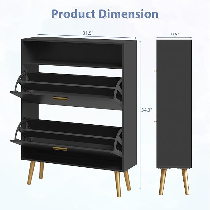 Entryway Shoe Cabinet, Black Shoe Storage Cabinet with 2 Flip Doors and Shelf, Narrow Hidden Shoe Organizer Cabinet Slim, Freestanding Shoe Rack for Entryway, Black