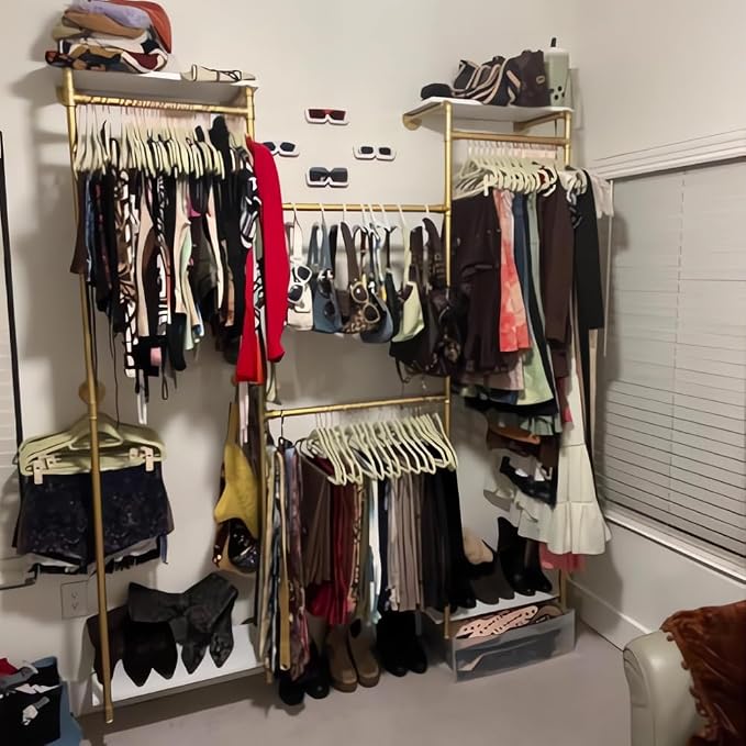 KaKaBB Industrial Pipe Clothing Rack with Shelves, Wall Mounted Gold Corner Clothes Rack, Adjustable Closet System for Walk in Closets, Heavy Duty Metal Garment Organizer (73" W x 84" H)