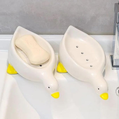 Cute Duck Ceramic Soap Dish with Drainage, Self-Draining, Non-Slip & Easy - Clean, Ceramic Soap Holder for Bathroom Kitchen, Ideal for Soap Sponge, Trinkets, Bathroom Decor Gift