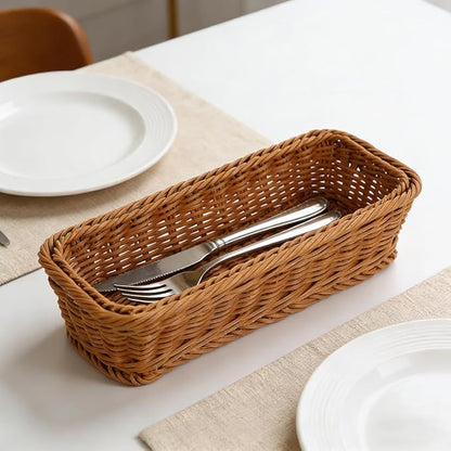 Small Wicker Bread Basket, Cracker Basket, Silverware Organizer Baskets, Flatware Organizer for Drawer, Stackable Wicker Narrow Baskets for Spoons Forks Knives Stationery (Rectangle)