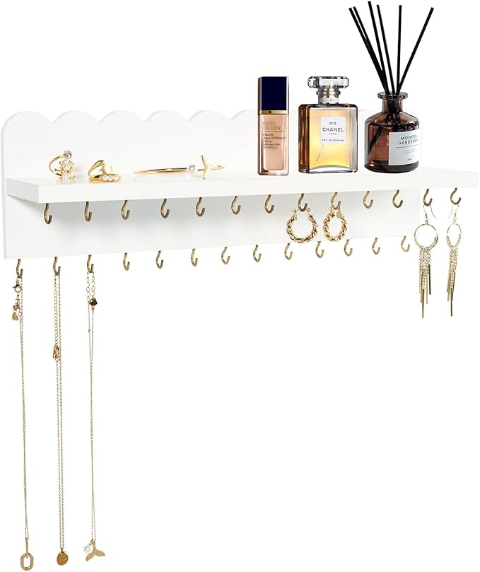 Wall Mount Jewelry Organizer with 26 Hooks and Cosmetics Shelf, Modern Wood Hanging Jewelry Holder for Necklaces, Bracelets, Earrings and Rings, White