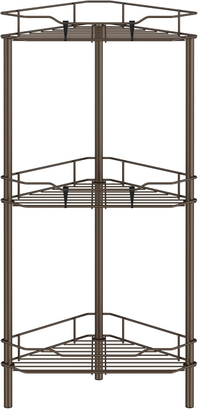 HuggieGems 3 Tier Floor Standing Corner Shower Caddy Organizer Shelf with Hooks, Bathroom Shelves Stand Rack, Bronze