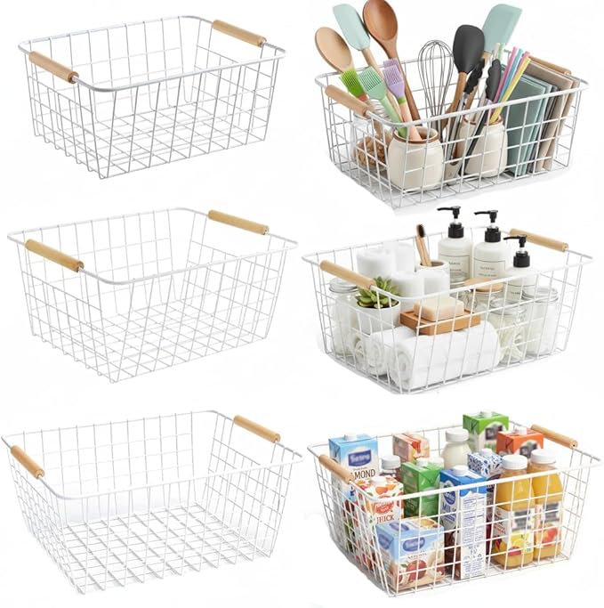 Metal Wire Food Storage Basket Organizer with Wooden Handles for Organizing Kitchen Cabinets 6 Pack White (3 Szie)