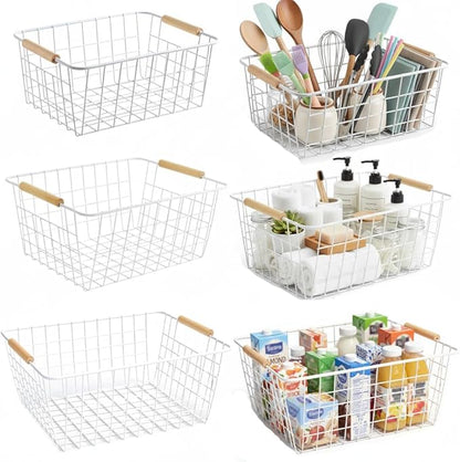 Metal Wire Food Storage Basket Organizer with Wooden Handles for Organizing Kitchen Cabinets 6 Pack White (3 Szie)