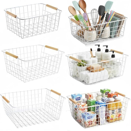 Metal Wire Food Storage Basket Organizer with Wooden Handles for Organizing Kitchen Cabinets 6 Pack White (3 Szie)