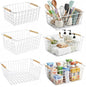 Metal Wire Food Storage Basket Organizer with Wooden Handles for Organizing Kitchen Cabinets 6 Pack White (3 Szie)
