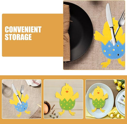 12 Pcs Easter Chick Cutlery Holders, Felt Easter Tableware Pouches in 4 Assorted Colors, Cute Chick Eggshell Silverware Pockets for Party Table Decorations, Kitchen Dining & DIY Craft