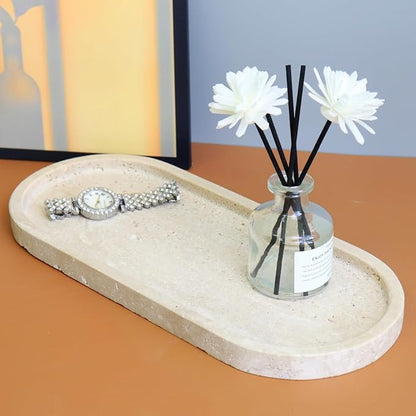 OOBOOB Oval Natural Marble Bathroom Tray for Decor Countertop, Marble Vanity Tray for Candles Perfume, Jewelry, Cosmetics, Elegant Vanity Organizer for Jewelry, Perfume