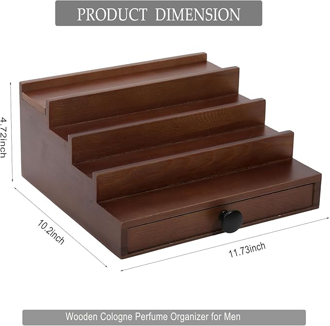 Walnut Cologne Organizer for Men - 4 Tier Wooden Cologne Perfume Display Stand with Drawer and Hidden Compartment, Mens Cologne Holder Shelf for Organizing and Storing