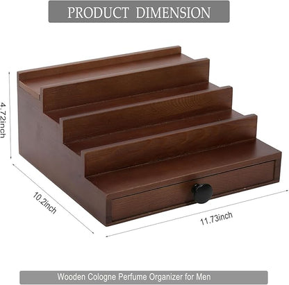Walnut Cologne Organizer for Men - 4 Tier Wooden Cologne Perfume Display Stand with Drawer and Hidden Compartment, Mens Cologne Holder Shelf for Organizing and Storing
