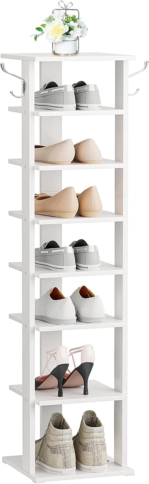 HOOBRO 8 Tiers Vertical Shoe Rack, Wooden Shoe Storage Organizer with Hooks, Narrow Shoe Tower for 8 Pairs, Space Saving, for Entryway, Living Room, Bedroom, White WT07XJ01G1