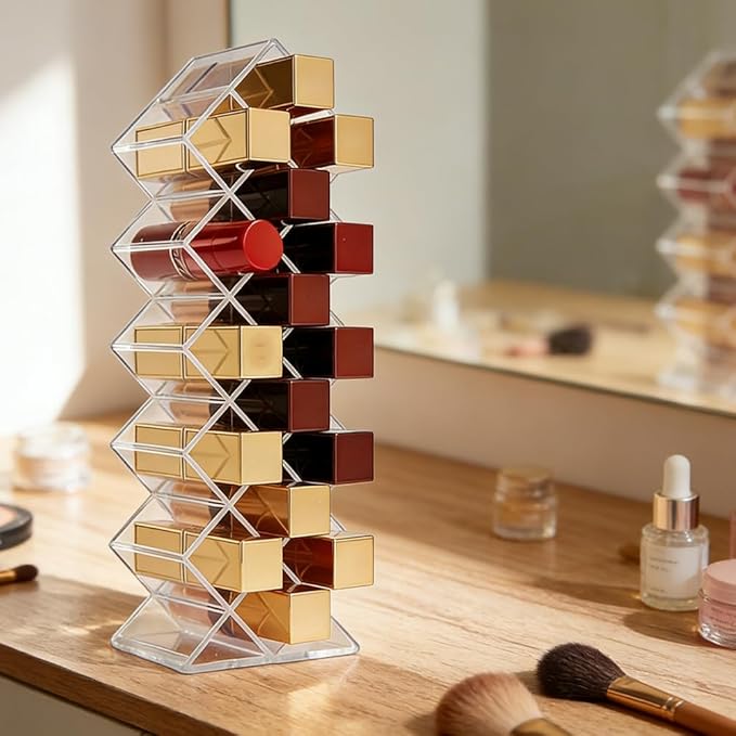 AKAZA 4 Pack Acrylic Lipstick Holder Organizer, 64 Slot Clear Makeup Storage for Lip Gloss, Lipstick, Cosmetics, Skincare, Perfume – Vanity Display Tower,Fish Shape Decorative Stand