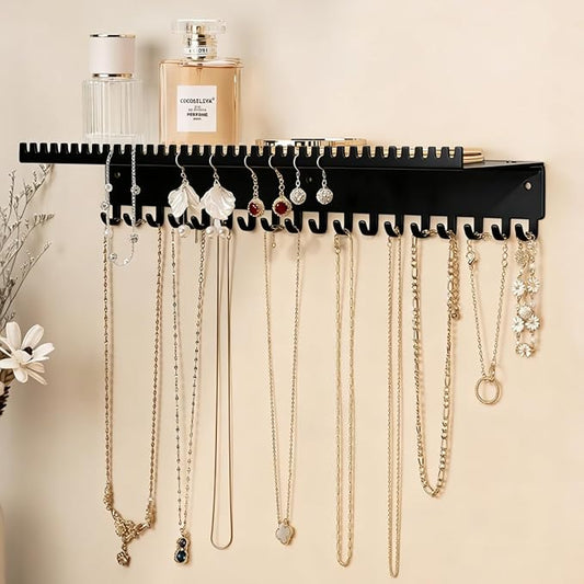 niffgaff Wall-Mounted Jewelry Organizer with Hooks and Shelf - Necklace Hanger Holder for Hanging Storage, Multi-Functional Wall Decor(for Rings, Earrings, Bracelets), Black
