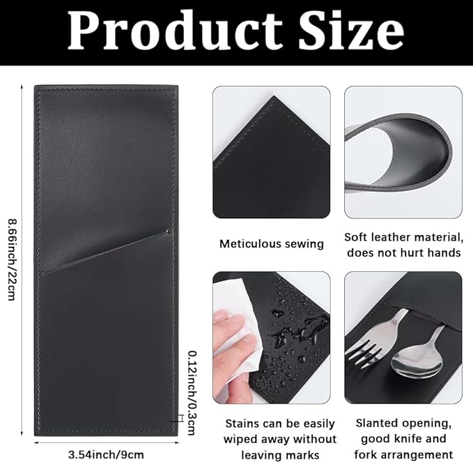 2PCS Black PU Leather Knife and Fork Cutlery Sleeves Rustic Utensils Storage Holder Leather Silverware Pouch Bags Vintage Flatware Tableware Place Set Organizer for Home Kitchen Table Decor