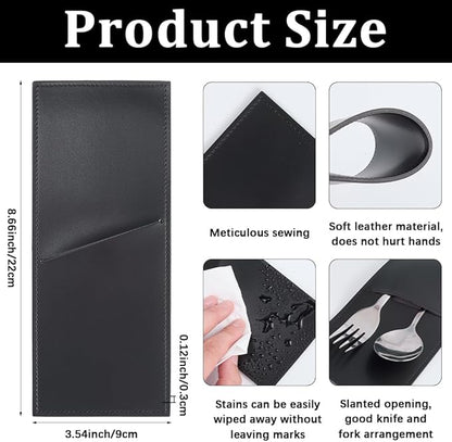 2PCS Black PU Leather Knife and Fork Cutlery Sleeves Rustic Utensils Storage Holder Leather Silverware Pouch Bags Vintage Flatware Tableware Place Set Organizer for Home Kitchen Table Decor