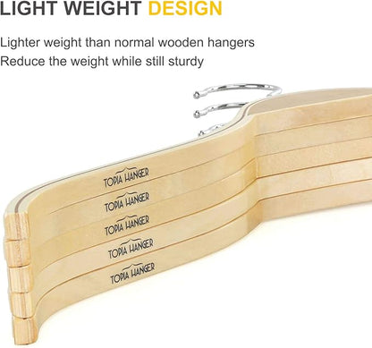 TOPIA HANGER Slim Natural Wood Hangers with Extra Soft Non-Slip Rubber Grips, 10-Pack High-Grade Fashion Hanger No Shoulder Bump for Sweater, Camisole, Jacket, Dress, Coat -CT15N