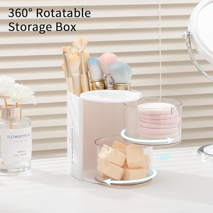 FABROK 2-Layer Clear Hair Accessories Organizer with Hair Brushes Holder, Rotatable Small Jewelry Box for Necklaces、Earring, Desktop Organizer Case for Makeup Brushes, Hair Accessories, Cotton Swab