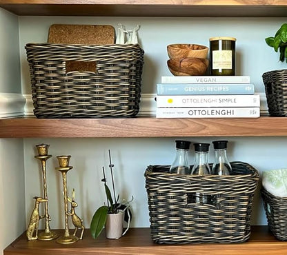 The Basket Lady Rectangular Deep Wicker Storage Basket, Medium, 16 in L x 12 in W x 9 in H, Antique Walnut Brown