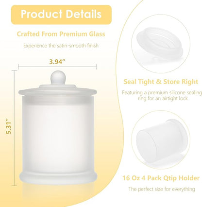 LITIVY 4 Pack Bathroom Organizers and Storage - 16 Oz Glass Qtip Holder & Cotton Pad Dispenser with Lid, Apothecary Jars for Home, Room Decor, Kitchen Organizer (Frosted White)
