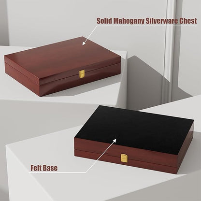 Solid Mahogany Silverware Storage Box,Silverware Chest Case with Lid and Felt Lined,Wood Flatware Storage Box for 12 sets of Utensils,Silverware Boxes for Flatware,Silverware Chest without Silverware