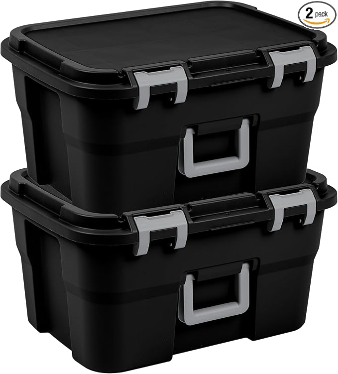 Sterilite 2 Pack Footlocker, 14 Gallon Plastic Storage Container with Latching Lid and Built-In Handles, Black - Large Stackable Bin Home Organizer