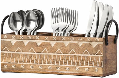 Wooden Cutlery Holder with Handles – Premium Wooden Caddy – Handcrafted silverware holder for Dining Table, Kitchen, Buffet & Parties
