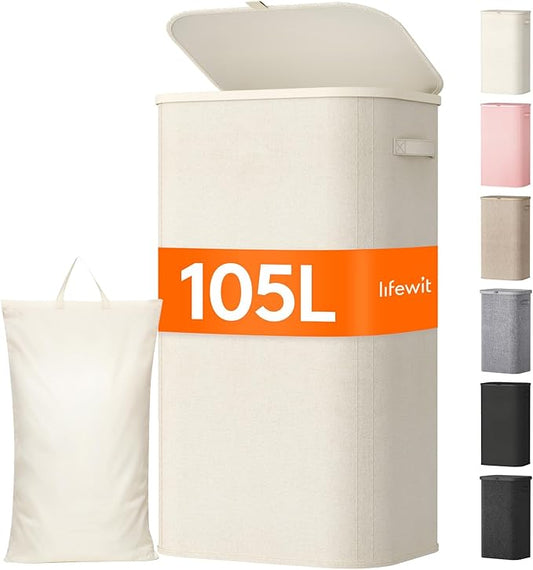 Lifewit 105L Large Laundry Basket with Lid, Laundry Hamper with Plastic Handles and Removable Bag, Foldable Tall Dirty Clothes Hampers for Laundry for Laundry Room, Bedroom, Bathroom, Dorm, White