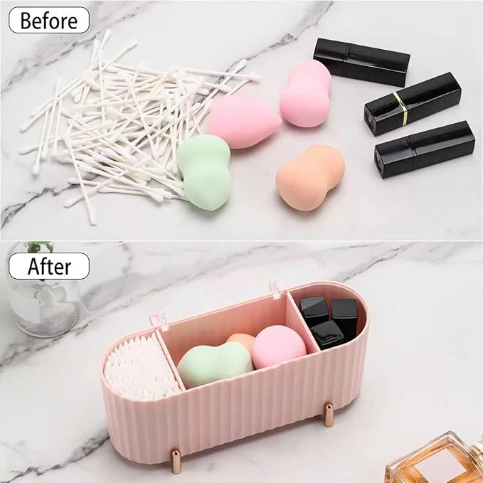 Tecbeauty Qtips Holder, 3 Grids Separate Cotton Swabs Ball Dispenser, Storage Box, Jar for Cotton Pads Bathroom Organizer Canisters - Pink