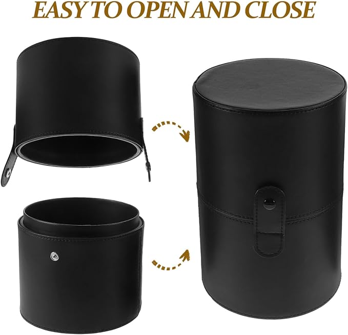 Portable Makeup Brush Holder with Lid - Elegant Pu Leather Makeup Bag Black Brush Organizer for Travel Compact Storage Bucket with Buckle Protective Lid, Easy to Clean, 7.9in X 5.19in