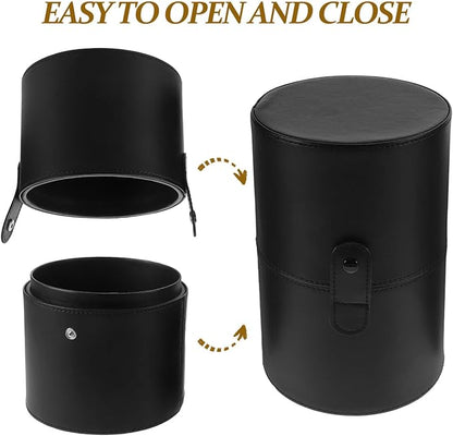 Portable Makeup Brush Holder with Lid - Elegant Pu Leather Makeup Bag Black Brush Organizer for Travel Compact Storage Bucket with Buckle Protective Lid, Easy to Clean, 7.9in X 5.19in