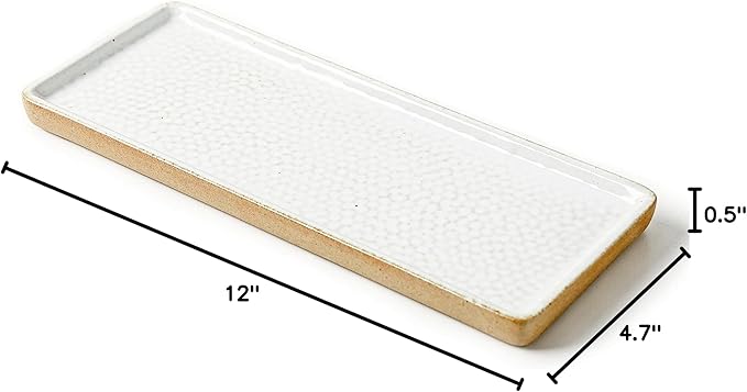 Vanity Tray with Brown Trim - Rectangular White Candle & Perfume Holder Organizer - 12"4.7" for Dresser, Table, Bathroom Countertop