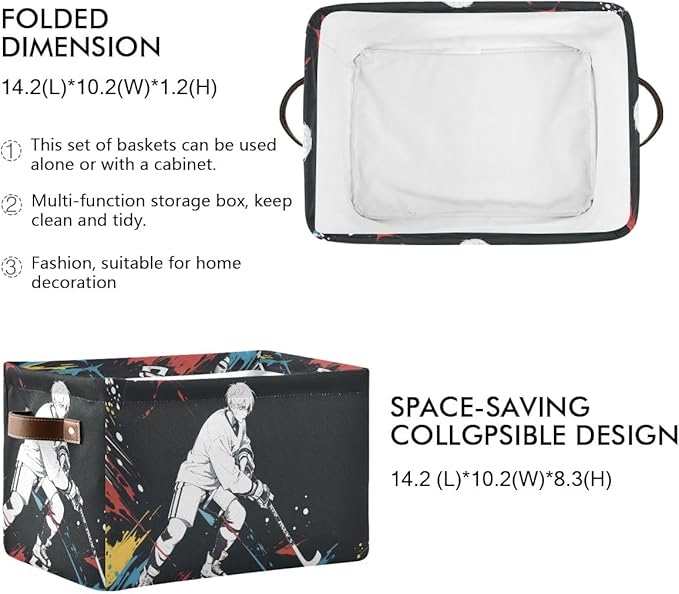 Storage Basket Hockey Player Durable Canvas Collapsible Toy Box Organizer Bin with Handles for Shelf Closet Bedroom Home Office