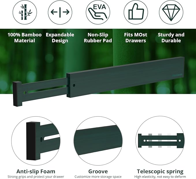 ANTOWIN Expandable Bamboo Drawer Dividers Organizers, Drawer Separators Splitter,17-22 inches Long Adjustable Spring-loaded Organizer for Large Utensil, Clothes, Tools(Dark Green)