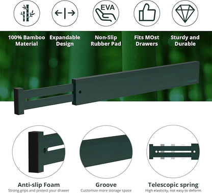 ANTOWIN Expandable Bamboo Drawer Dividers Organizers, Drawer Separators Splitter,17-22 inches Long Adjustable Spring-loaded Organizer for Large Utensil, Clothes, Tools(Dark Green)