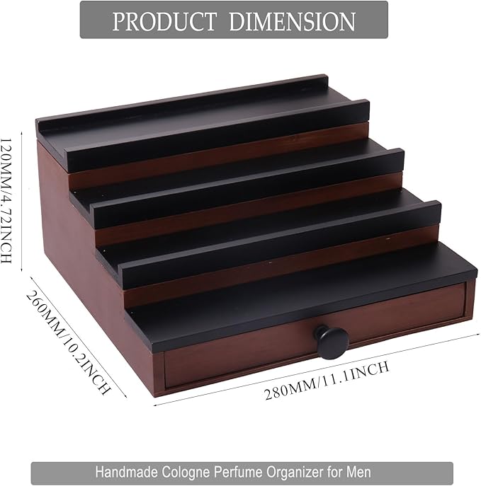 Cologne Organizer for Men - 4 Tier Brown Black Wooden Cologne Display Stand with Drawer and Hidden Compartment, Mens Cologne Holder Shelf for Organizing and Storing