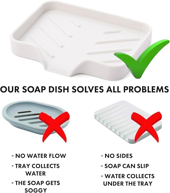 Silicone Soap Dish & Tray - Self Draining, Durable Rubber with Drainage - Kitchen & Shower Soap Holder
