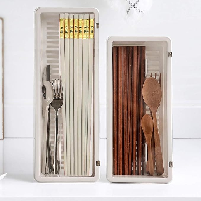 Large Flatware Tray Kitchen Drawer Organizer With Lid And Drainer - Plastic Kitchen Cutlery Tray and Utensil Storage Container with Cover - Dinnerware Holder White