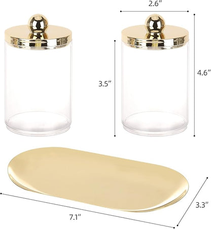 Tbestmax 2 Pack Qtip Holder with Gold Tray, 10oz Plastic Canister Apothecary Jar for Cotton Swabs, Balls, Pads, Floss Picks - Clear Bathroom Essentials Accessories Decor