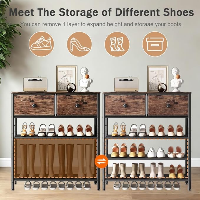 INGIORDAR Shoe Rack Organizer 5 Tier Metal Organizer Shelf with Industrial MDF Board and Layer Fabric for Entryway Closet Bedroom Living Room Garage (Black+Rustic Brown, 4 Tier with 2 Drawers)