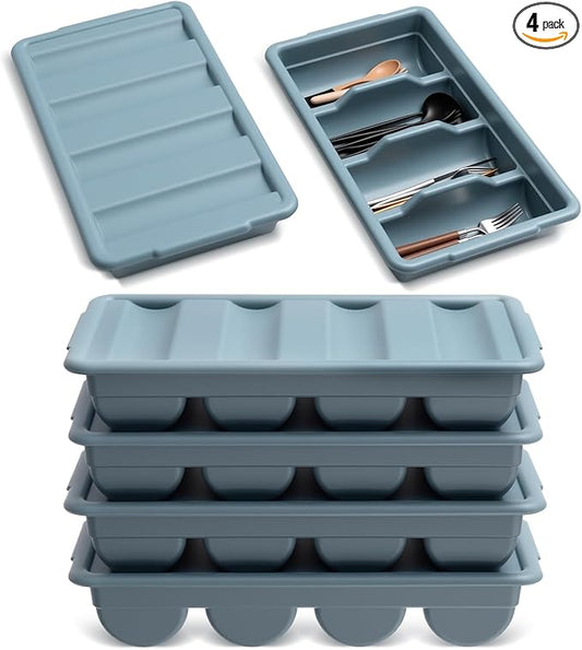 Maxdot 4 Pcs 20.5 x 11.9 x 3.7 Inch Silverware Organizer with Lid, Commercial 4-compartment Restaurant Kitchen Cutlery Tray, Plastic Silverware Storage Container, Condiments Holder (Grayish Blue)
