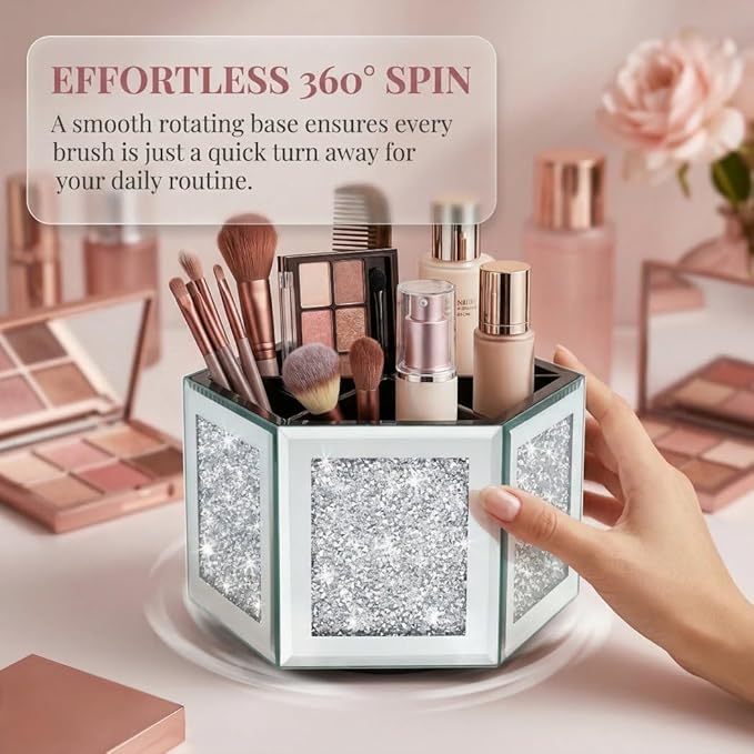 Rotatable Multifunctional Jewelry Utensil Holder Hexagon Jewelry Make up Organizer Cups Crush Diamond Mirror Decor, brush/office pen cup holder Eyeliners Display Case for Vanity
