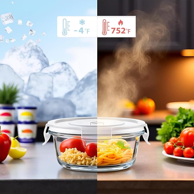 12oz Round Glass Food Containers With Lids, Small Round Glass Meal Prep Containers set,1.5 Cup Small Clear Food Storage Bowls BPA-Free, Microwave, Dishwasher, Freezer Safe（White）