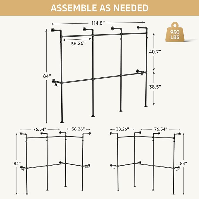 Kryonix Heavy Duty Wall Mounted Closet System, Industrial Pipe Clothing Rack with 6 Hanging Rods, 960LBS Capacity, Space Saving Garment Rack for Walk in Closet Bedroom, Black