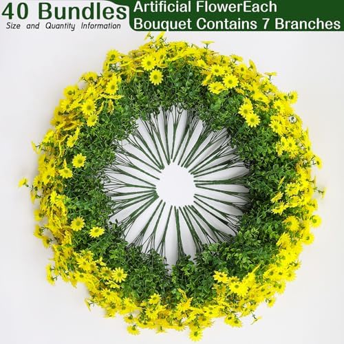 Alupssuc 40 Bundles Artificial Daisies Flowers Fake Silk Plant for Indoor Outdoor Decor, UV Resistant No Fade Faux Spring Flowers for Garden, Porch & Patio Decoration,Yellow - Image 2