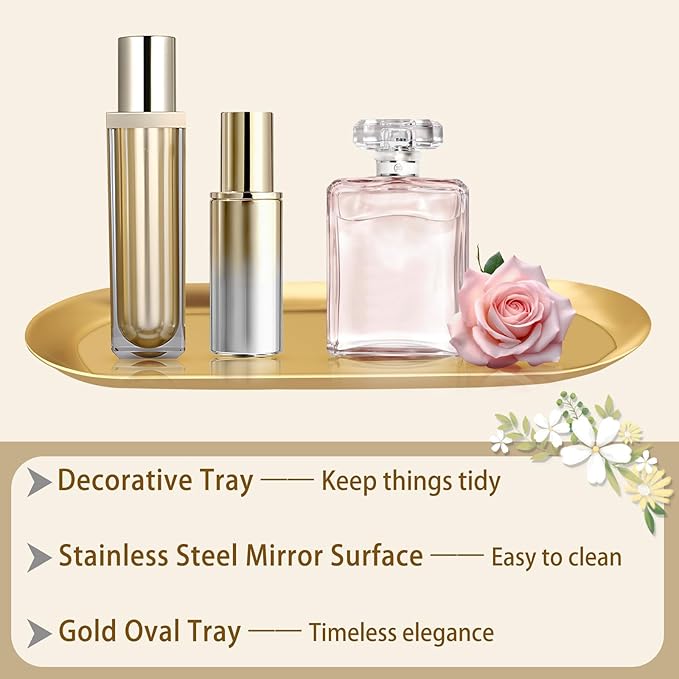 Gold Tray, Vanity Trays for Bathroom and Dresser Counter, 12" 2 Pack