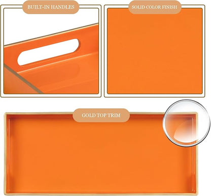 MAONAME Orange Vanity Tray, Plastic Decorative Tray, Rectangular Trays with Handles, Narrow Bathroom Trays for Toilet Tank, 13.8" X 6" X 1.57"