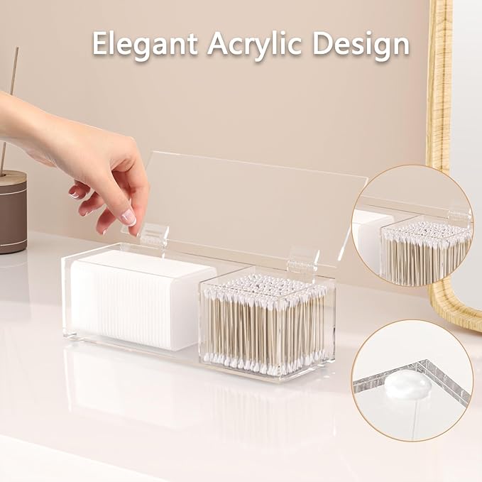 Clear Acrylic Qtip Holder for Clean Skin Club Clean² Pads Clean with Flip-Top Lid 2-Grid Canister Cotton Pad and Swab Dispenser Cotton Round Organizer for Bathroom Vanity Countertop