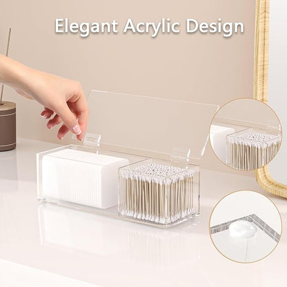 Clear Acrylic Qtip Holder for Clean Skin Club Clean² Pads Clean with Flip-Top Lid 2-Grid Canister Cotton Pad and Swab Dispenser Cotton Round Organizer for Bathroom Vanity Countertop