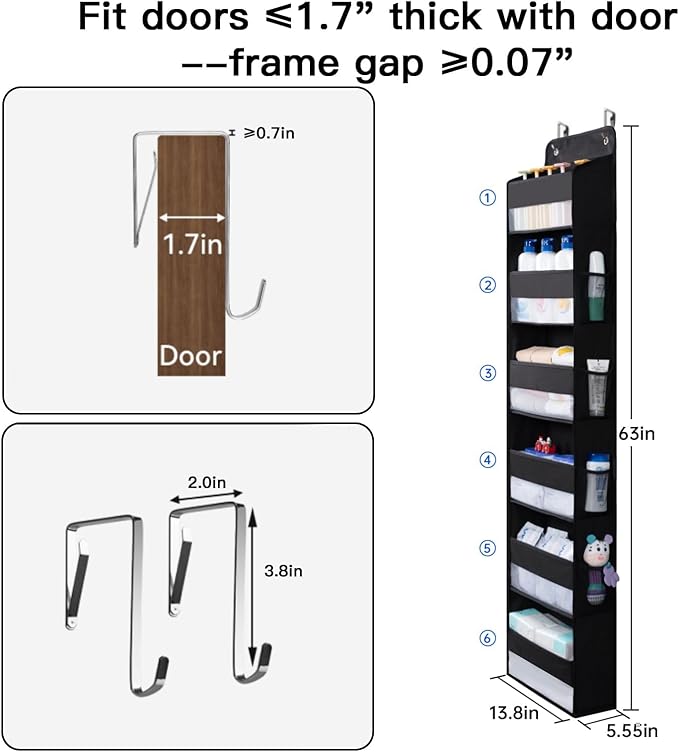WishJazz Premium Over The Door Organizer 6 Large Pockets, 150D Extra Thick,50 lbs Hanging Organizer Storage, Behind Door Closet Organizer and Storage for Nursery, Bedroom, Bathroom, Black